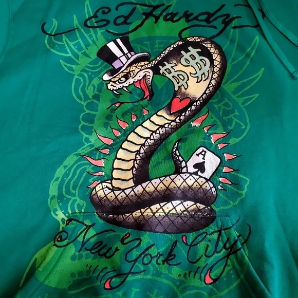 Ed Hardy Green New York City Snake Poker Graphic Hoodie Size XL NWT - Picture 3 of 9